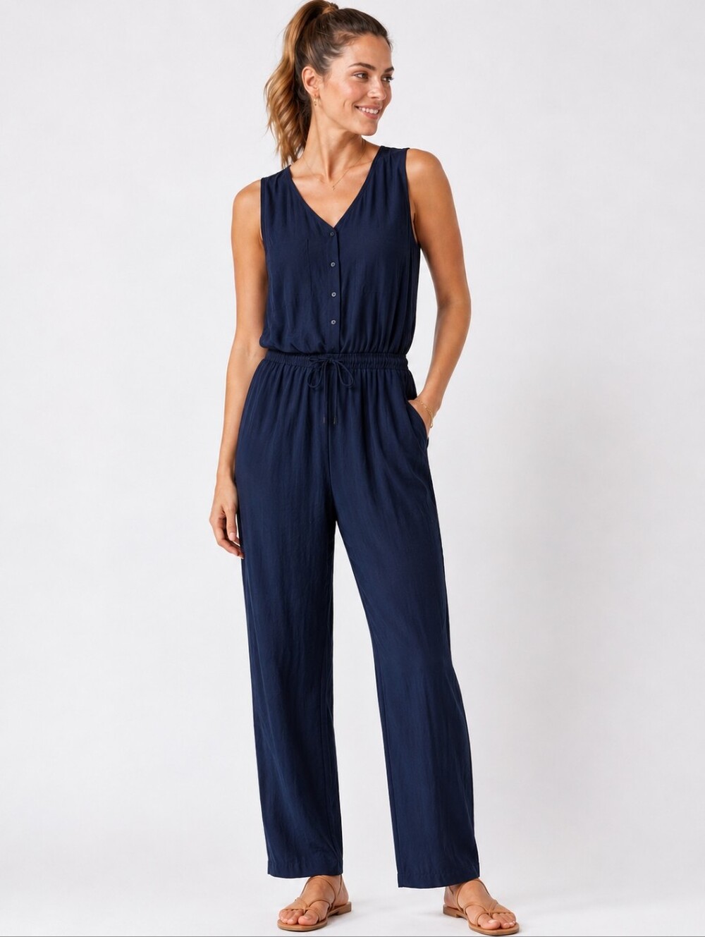 Trouve Sleeveless Jacquard Navy Drawstring Jumpsuit Size M